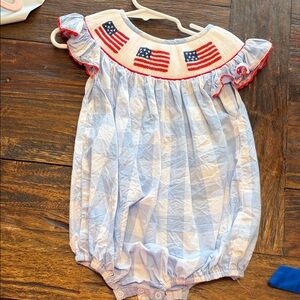 Light Blue Smocked American Flag Baby One-Piece Bodysuit